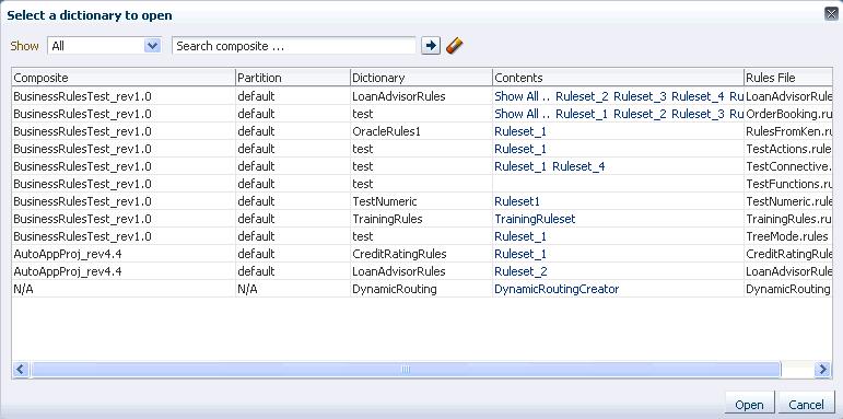 When you select Open Rules, Oracle SOA Composer connects to MDS and displays the Select a dictionary to open dialog box.