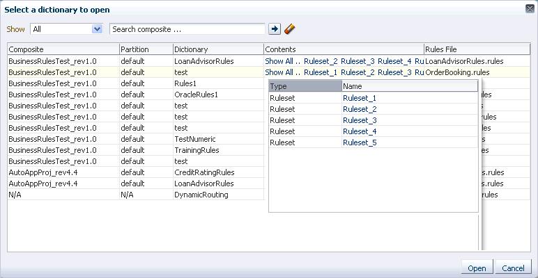 When you select Open Rules, Oracle SOA Composer connects to MDS and presents the available composite applications that contain dictionaries in a dialog box called Select a dictionary to open. 3.