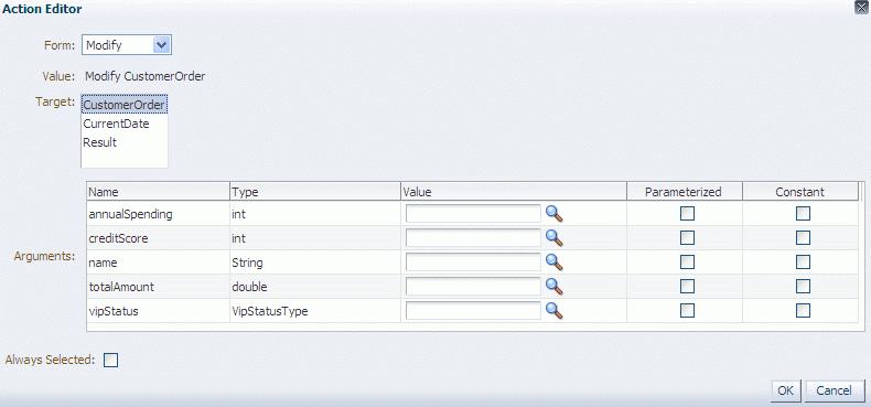 Figure 12 59 The Action Editor Window 4. In the Action Editor window, select the action target and then specify values for an action cell.