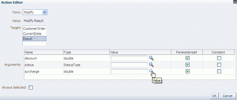 Editing Decision Tables in an Oracle Business Rules Dictionary at Run Time checkboxes for the particular action form get selected.