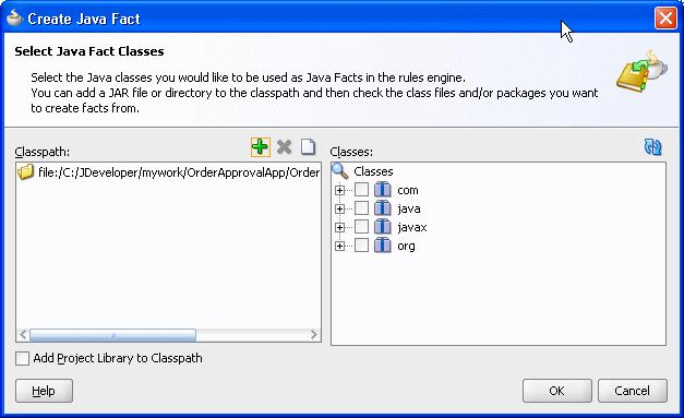 In the Create Java Fact dialog, if the classpath that contains the classes you want to import is not shown in the Classpath area, then click Add to Classpath.