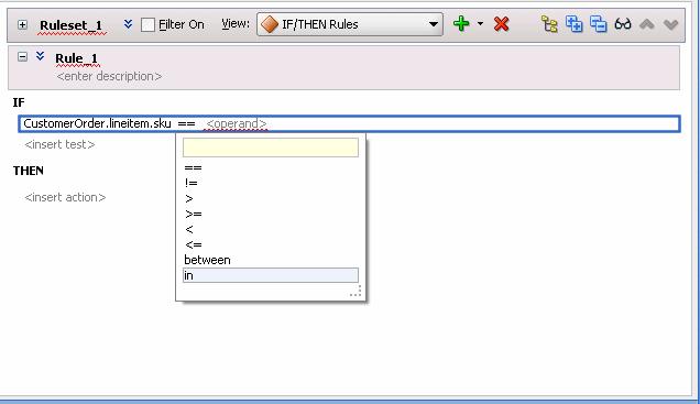 Working with Rules Figure 4 23 Configuring the Operator of a Set Test in a Rule This adds two more <operand> placeholders in a comma separated list and an <insert> placeholder as shown in Figure 4 24.