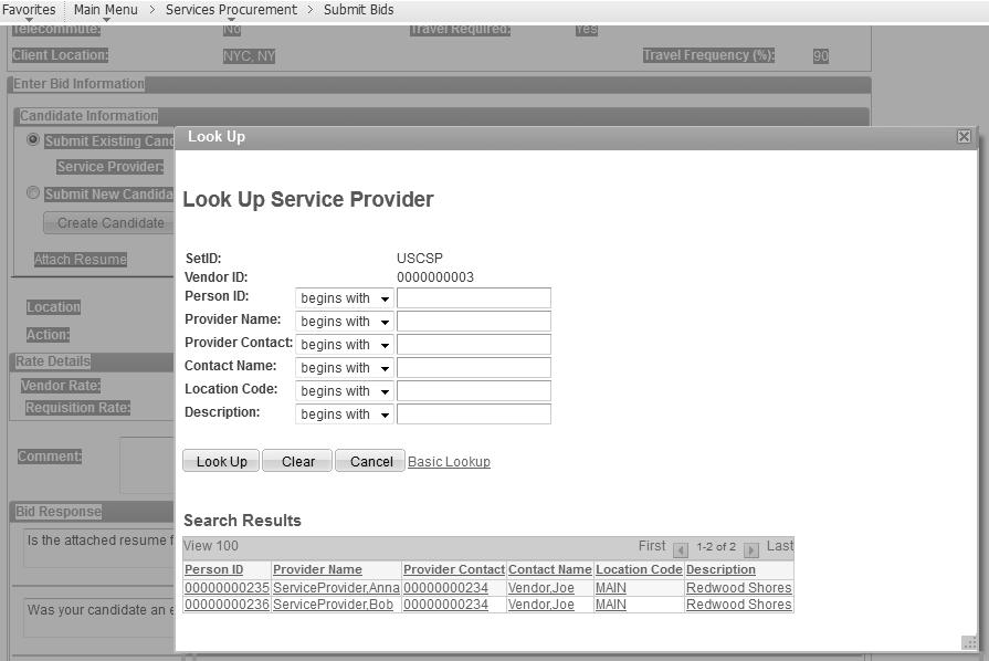 2.1 From lookup list, select the Service Provider you want to submit. Use search criteria Service Provider Name (Last, First) to narrow down the list if required.
