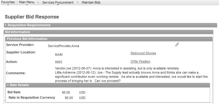 2.0 Opens the Supplier Bid Response page. Click the collapse arrow to the left of Requisition Requirements header.