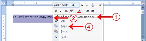 You will want to copy me." Alternate Method Copy with a Context Menu 1. Type the following: You will want to copy me. One of me is all you need. 2. Select "You will want to copy me." 3. Right-click.