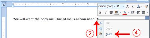 Alternate Method Paste with a Context Menu 1. Place the cursor after the period in the sentence: "One of me is all you need." 2. Press the spacebar to leave a space. 3. Right-click.