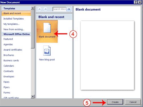 4. Click Blank Document. 5. Click Create. A new blank document opens. Add Sample Text This lesson uses sample text provided by Microsoft for training and demonstration purposes.