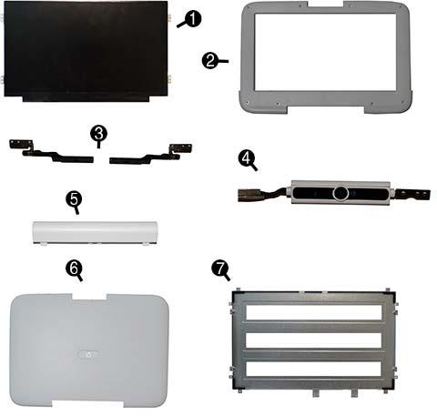 Display components Item Description Spare part number (1) Display panel (raw) 778821-001 (2) Display bezel 778822-001 (3) Display Hinge Kit (includes left and right hinges)