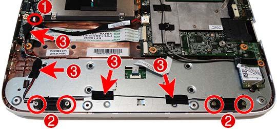 3. Lift the pieces of tape that secure the speaker cable to the computer (3), and then remove the speakers.