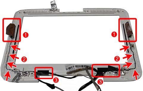 a. Lift the tape that secures the transceivers to the sides of the bezel (1). b. Remove the cables from the routing channels built into the bezel (2). c. Lift the tape that secures the antennas to the bezel (3).