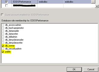 5. Select the User Mapping page and then select the EDDSPerformance database. 6. In the lower section, ensure that the db_owner and public record role memberships are selected. 7. Click OK. 3.