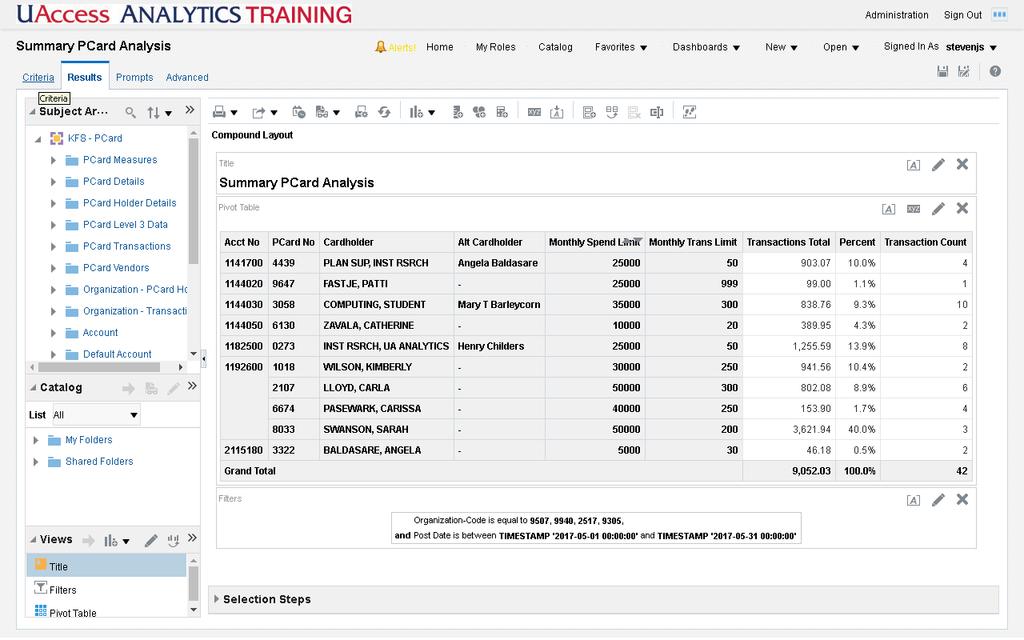 Results Tab - Another Bit of SQL Coding Procedure The Pivot Table looks pretty good, and the Percent column you added gives your manager a way to evaluate some card data.
