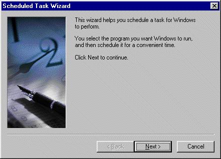 Chapter 6 Scheduling Report Generation 6.2 Scheduling Tasks in Windows In Windows 95/98/ME/NT4.0/2000/XP operating systems, you can schedule tasks using the Scheduled Task Wizard.