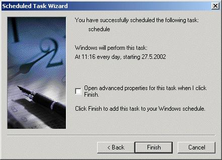 The Scheduled Task Wizad displays a summary of the task
