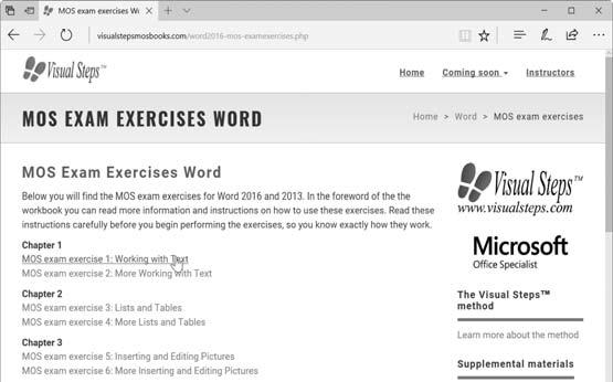 293 You see the web page with the MOS exam exercises. Open an exercise: A new web page opens. This page contains links to the source files: : opens a web page with instructions for the exercise.