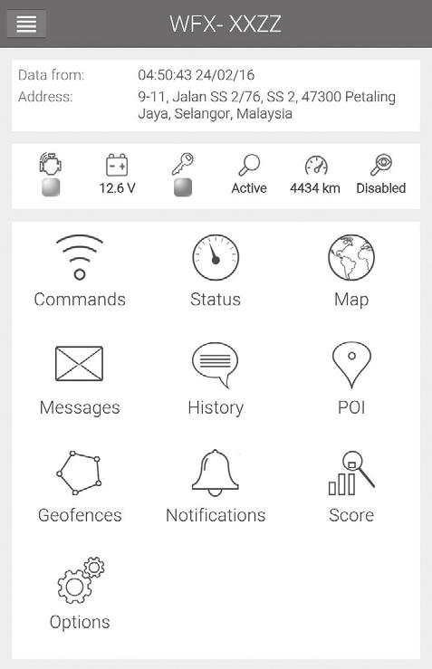 Main Page The Main Page displays the features and functions available in the mobile app. At the top of the main page, you will be able to see your vehicle s number plate. 1.