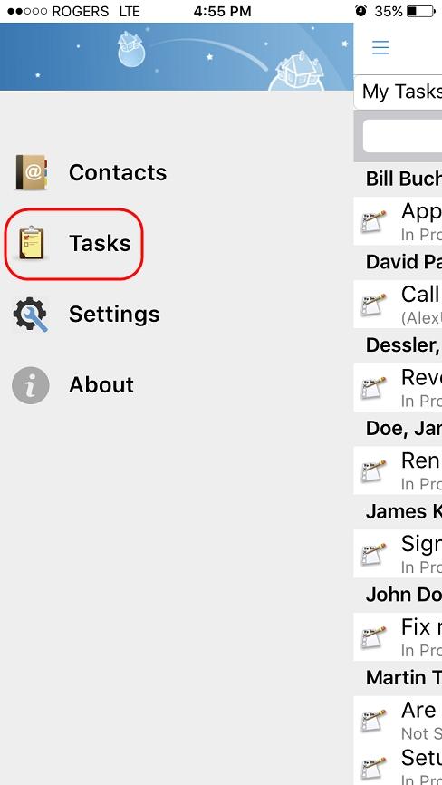 7. Click on the Tasks option from the menu screen to view your tasks according