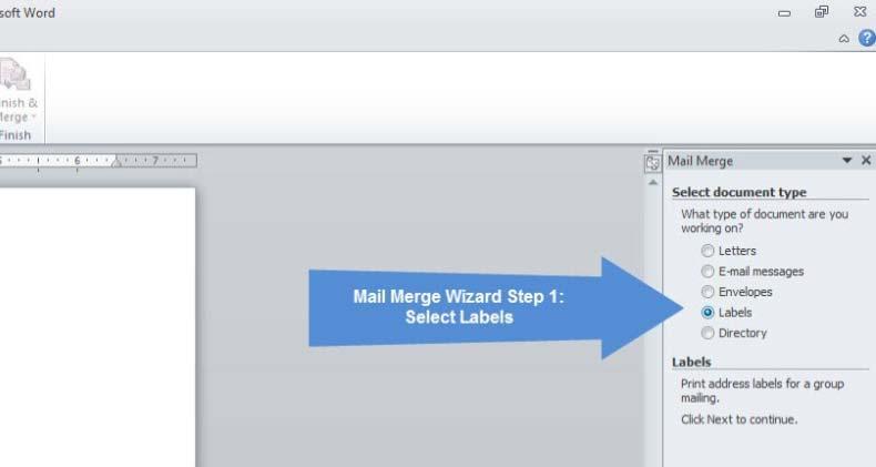 To do that, locate the Start Mail Merge button in the Mailings tab. Click Start Mail Merge, and then click Step by Step Mail Merge Wizard.