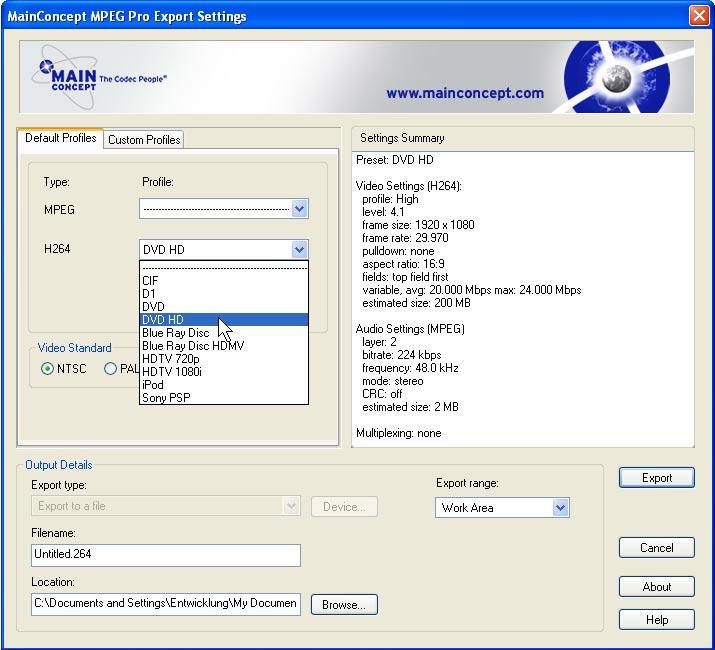 The drop-down menu H.264 offers many presets for H.264, including DVD, HD DVD, Bluray, HDTV, ipod, Sony PSP etc.
