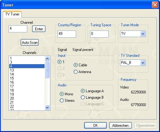The TV Tuner window: When you enter the TV Tuner window you can configure your TV card and scan for channels with MPEG Pro.