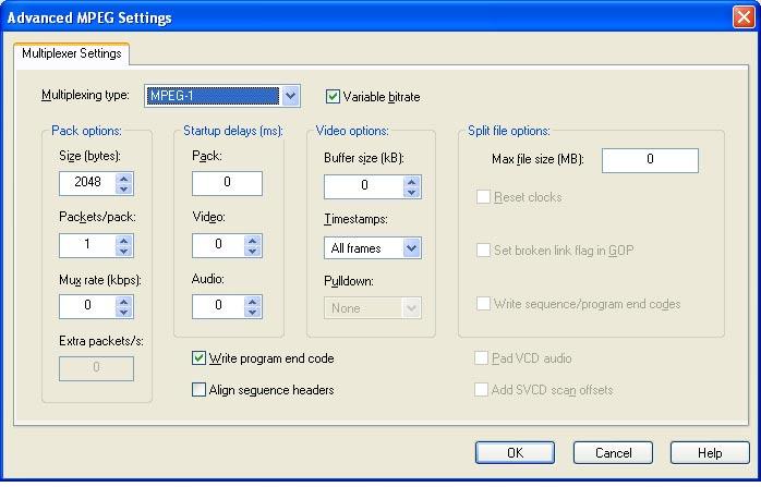 The Advanced Multiplexer Settings You reach the advanced multiplexer settings by choosing MPEG or MP4 under Multiplex in the Custom Profiles pane, and then clicking the Edit... button.