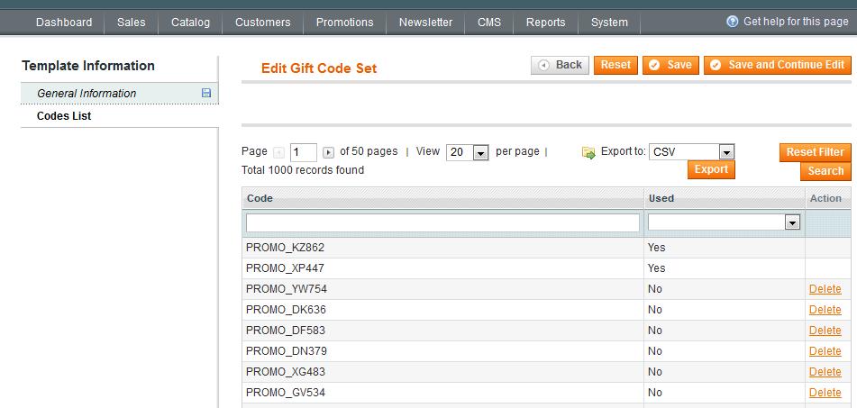 5. Gift Card Codes Generation Export codes to CSV or XML files.