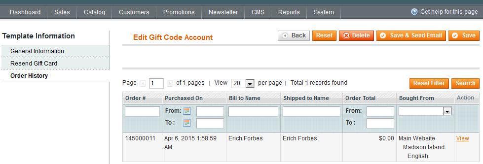 In the order history tab you can view all orders made with a particular gift card code. 6.