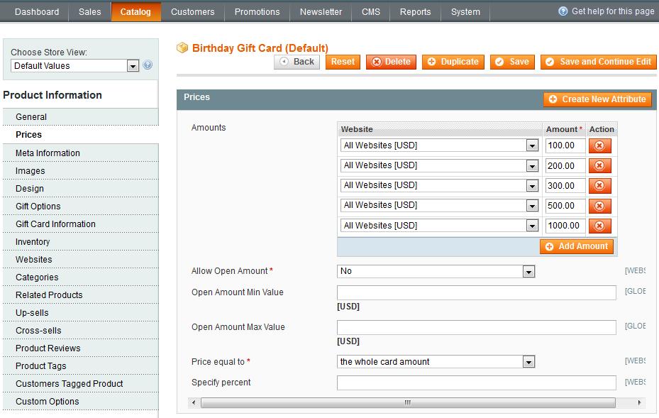 3. Product Price settings Gift Card product settings include the same options as other product types except for Prices and Gift Card