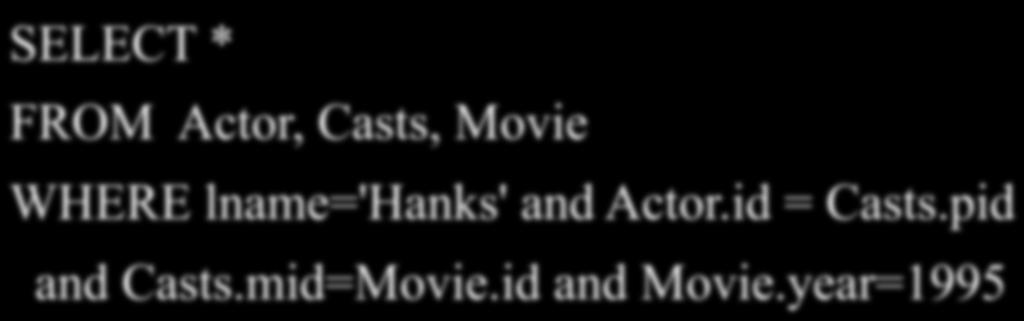 SQL SELECT * FROM Actor, Casts, Movie WHERE lname='hanks' and Actor.id = Casts.pid and Casts.mid=Movie.id and Movie.