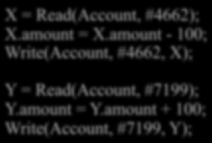 Now Let s See Database Updates Transfer $100 from account #4662 to #7199: X = Read(Account, #4662); X.amount = X.