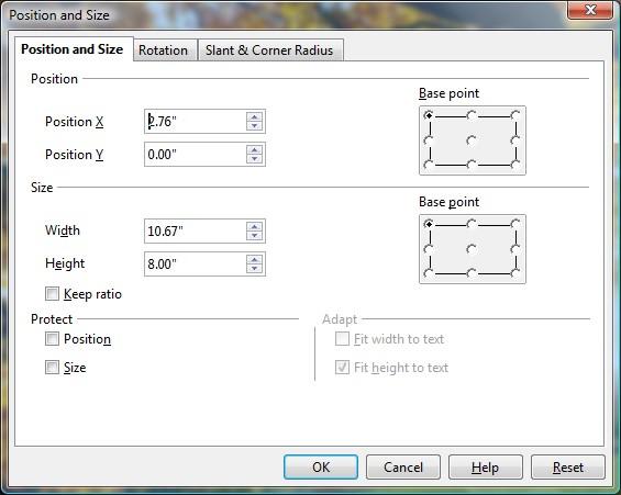 Position and Size Opens the dialog shown below where you can change the size, location, rotation, slant and corner radius of the image.