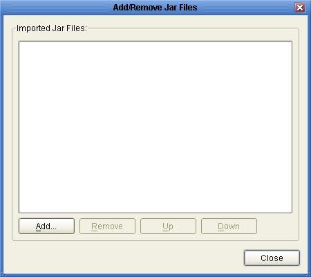 In the Collaboration Editor toolbar, click the Import JAR file icon. The Add/Remove JAR Files window appears.