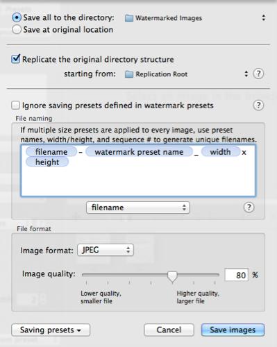 VeprIT - Watermark Sense User Guide Page 14 Using the Saving presets button, you can load the file naming and format options from existing saving presets, save the current settings as a new saving