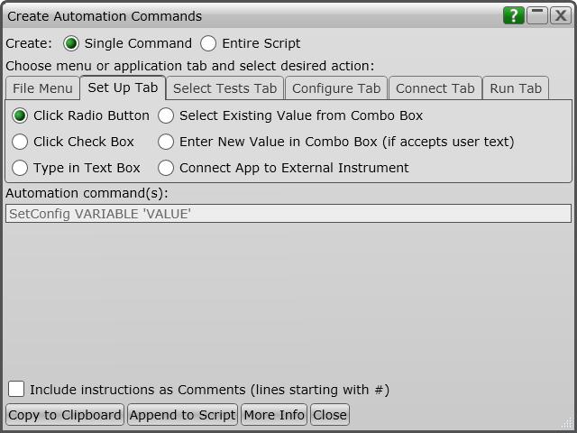 Using the Test Application 2 In Single Command mode, select the tab that corresponds to the real application tab containing the controls you