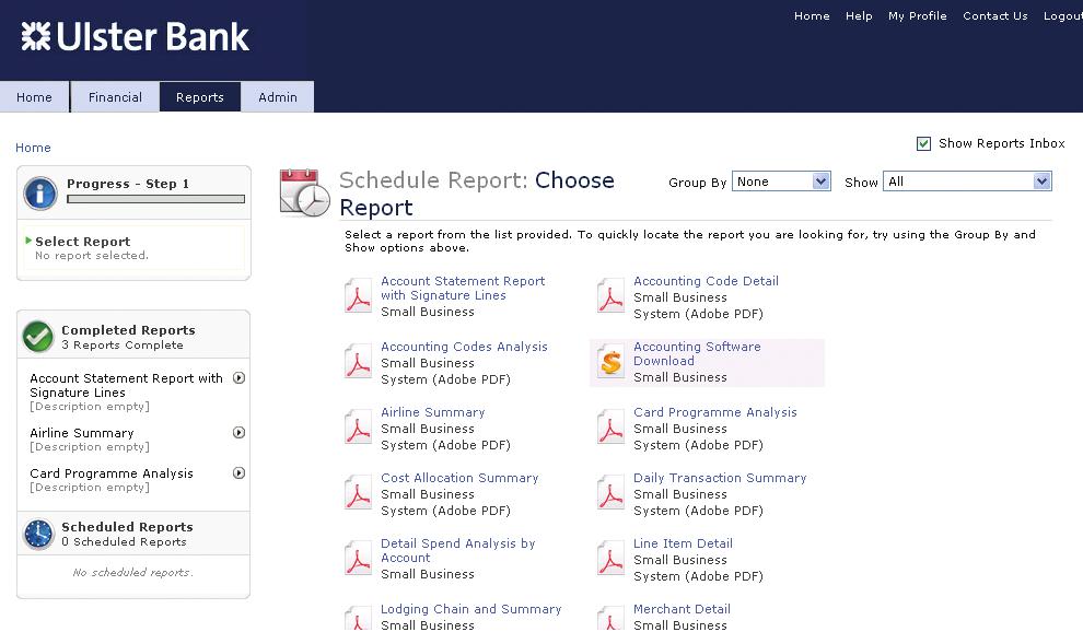 Generating reports To generate a report 1. Select Account Activity > Schedule Report. 2. Fill in the following screens: Choose Report Select the report you need to run.
