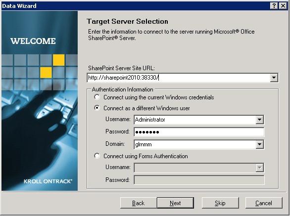 Provide the target SharePoint Server with credentials as shown in the