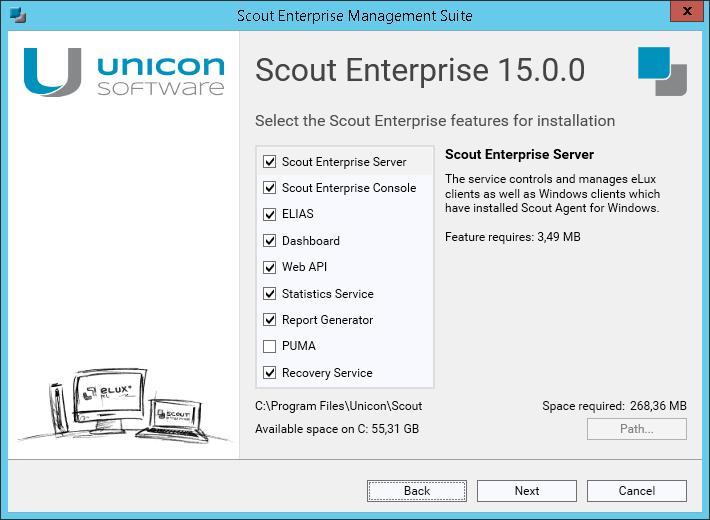 5.6. Changing Scout Enterprise Management Suite installation Installing additional features or uninstalling unneeded features 1. Use the control panel or run the Scout Enterprise.