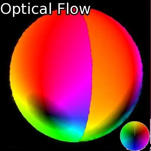 Colour encodes the direction of the optical flow (key in bottom right), intensity its magnitude.