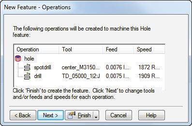 d Enter a hole center location of X 1.0 (25 mm) and Y 1.0 (25 mm), and click Next. This displays the Strategies page. This page controls the types of operations used to cut the feature.