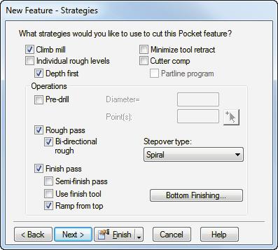 The Strategies page shows that roughing and finishing operations are created. e Click the Finish button. 3 Use the Features step to create a second Hole with a diameter of 0.