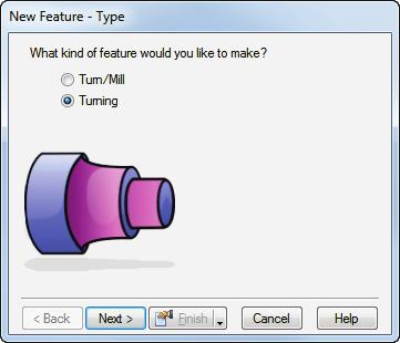 b If you have the Turn/Mill module, the New Feature wizard asks you which type of feature you want to create. Select the Turning option, and click Next.
