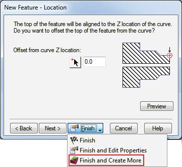 e From the Finish menu button, select the Finish and Create More option to continue creating features. 3 Create a Face feature. a In the New Feature wizard, select the Turning option, and click Next.