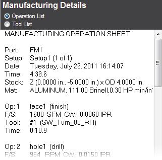 Part documentation (Turning) As well as simulating the manufacturing of the part, the simulation also generates complete tool and operations lists. The tools selected are based on your tool database.