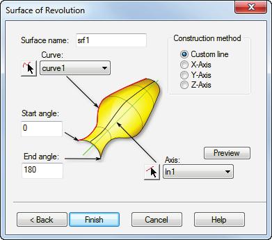 3 On the Surface of Revolution page: a Enter a Start Angle of 0. b Enter an End Angle of 180.