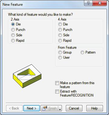 Creating a wire EDM feature This shows you how to create a wire EDM feature. 1 Click the Features step in the Steps panel.