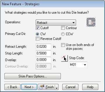7 On the Strategies page: a In the Operations field select Retract. b Select the Cutoff option. c Select the Contour option. d Click Finish.