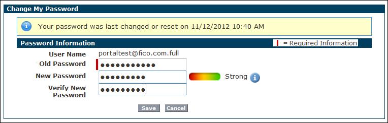 FICO Online Support User s Guide Changing Your Password You must change your FICO Online Support password every 90 days, and you cannot reuse a password that you have used within the last 180 days.