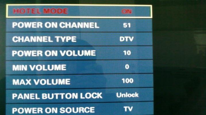 Hotel Mode Functions für Stand-alone Hotel Mode ( On necessary) Power On Channel XY Channel Type (ATV/DTV) Power On Volume XY Min. Volume Max.