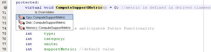 Navigating Source Files 8. Click the Cpu::ComputerSupportMetric item and the editor jumps back to the declaration of the method in the cpu.h header file.