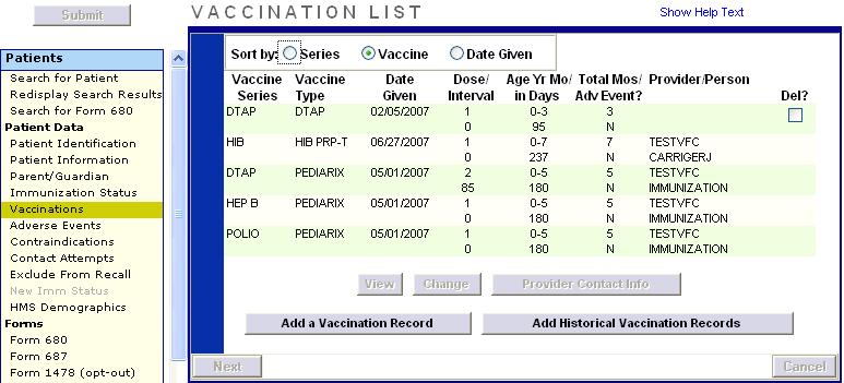 6. ENTERING VACCINATIONS IN THE REGISTRY Once a patient is in the registry, you are ready to add vaccinations to their record. Click the Vaccinations link on the left side menu.